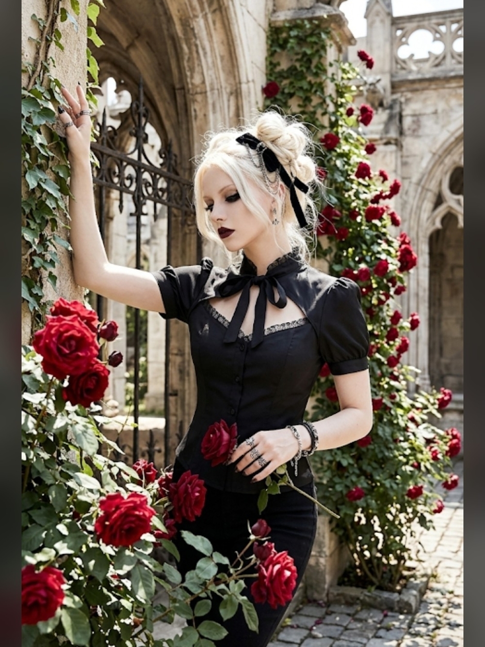Victorian-Inspired Black Tie-Neck Lace Trim Blouse